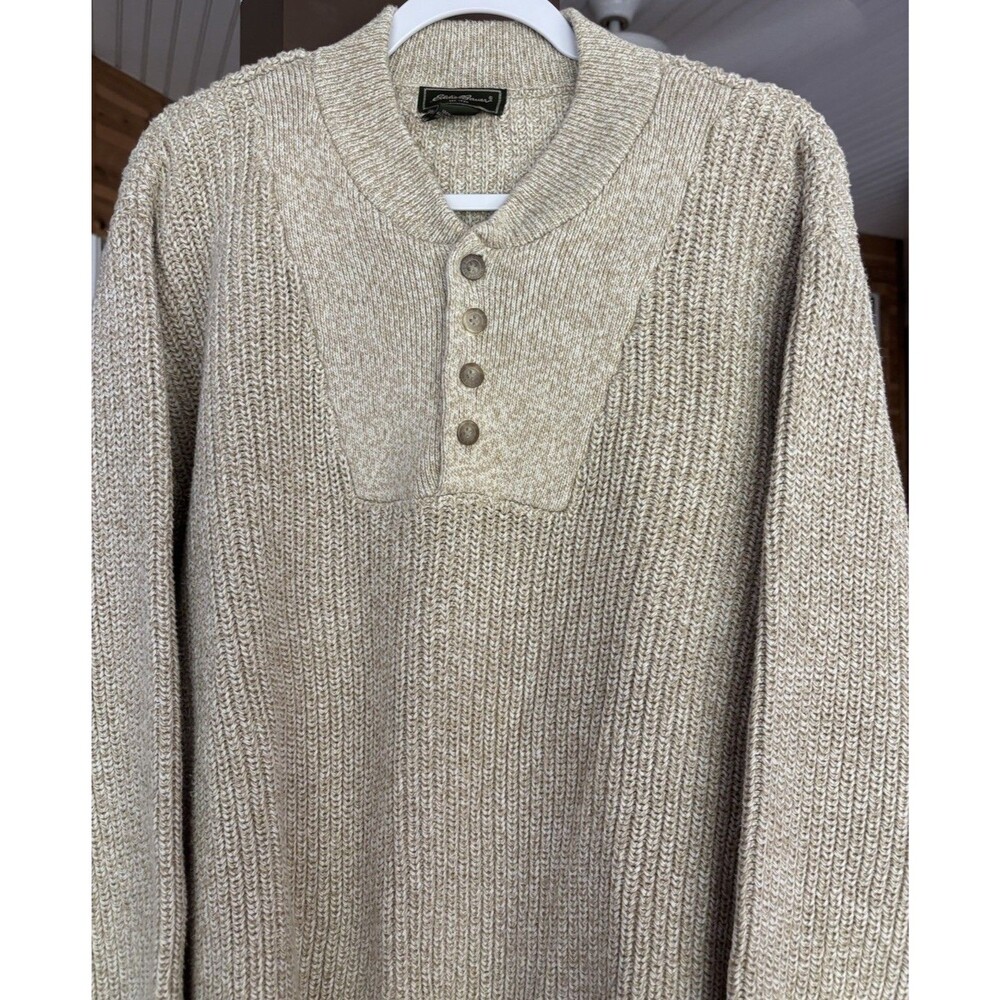 VTG Eddie Bauer Sweater Mens 2XL Oatmeal Henley Cotton Fisherman 90's Y2K Chunky - Picture 3 of 11